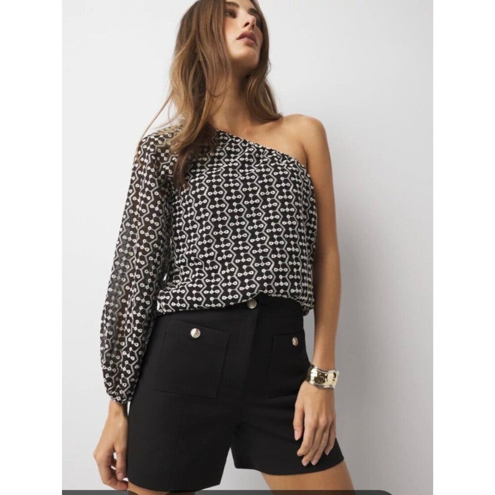 Black with White Geometric Embroidery One Shoulder Asymmetric Blouse XL NWT